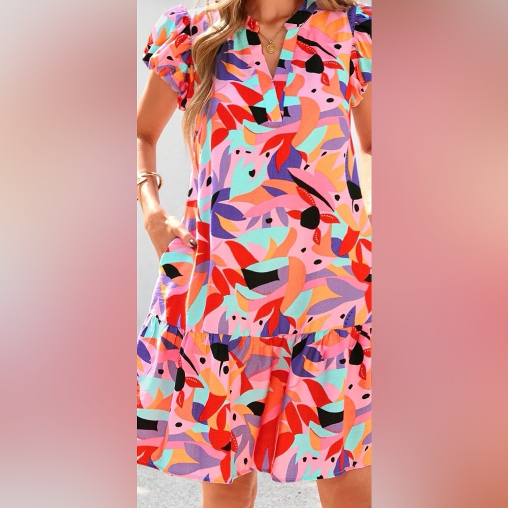 Womens Puffy Sleeve; V Neck fully Lined Boho Mini Babydoll Dress with POCKETS!!